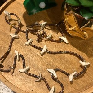 Brown and Cream Beaded Necklace hand carved birds